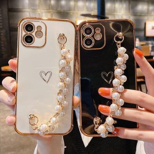 Electroplated Wrist Strap Chain Bracelet Phone Case For iPhone 12 Pro Max 11 12Mini XR XS Max X 7 8 Plus 12 11 Love Heart Cover