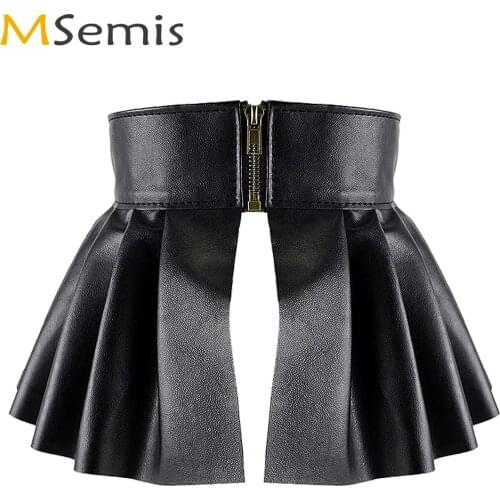 Women Peplum Cinch Belt Skirt Sexy Wetlook PU Leather Skirts Erotic Pole Dance Rave Wide Waist Belt A-Line Pleated Hot Miniskirt