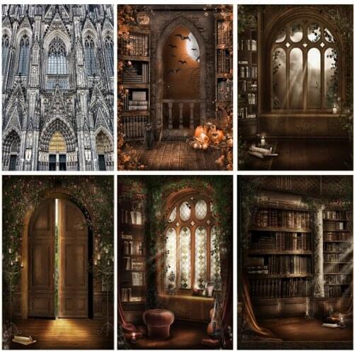 Goth Fairy Tale Old Palace Bookshelf Arch Window Baby Portrait Photography Backdrops Halloween Photo Backgrounds 20813WSH-01