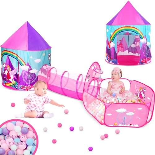 Pink Unicorns Castle 3 In 1 Crawling Tunnel Play Tent Baby Playhouse Toys Foldable Children Kids Ocean Ball Pool Pit Girls Gift