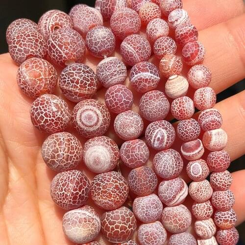 Natural Round Stone Frosted Red Cracked Dream Fire Dragon Veins Agates Beads For Jewelry DIY Making Bracelet 15''Inches 6 8 10mm