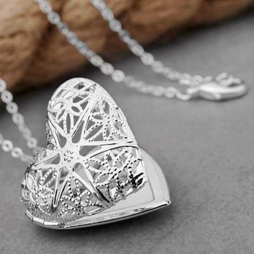 70% Hot Sell Womens Stylish Silver Plated Hollow Out Heart Photo Locket Charm Necklace Gift