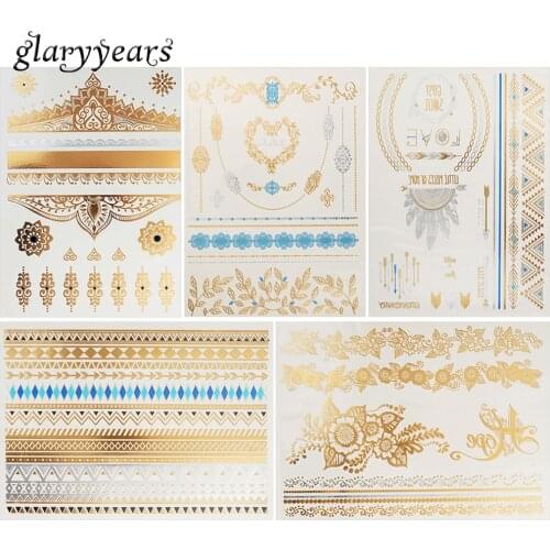 5 Pieces Flash Metallic Gold Tattoo Sticker Chain Jewelry Design Women Makeup Tool Temporary Metallic Tattoo Sticker Wedding Hot