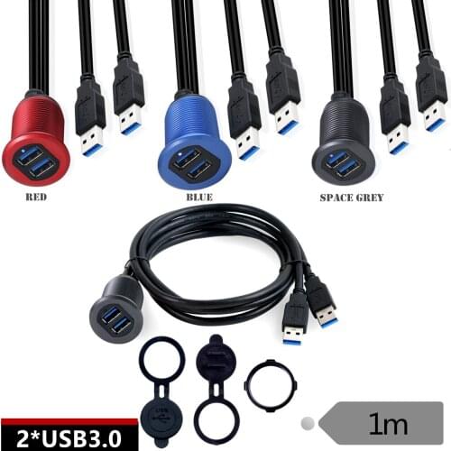 Metal Dual USB 3.0 Ports Mount with Light, 2 Ports USB Male to 2 Ports Female Flush Mount Panel Mount Extension AUX Cable