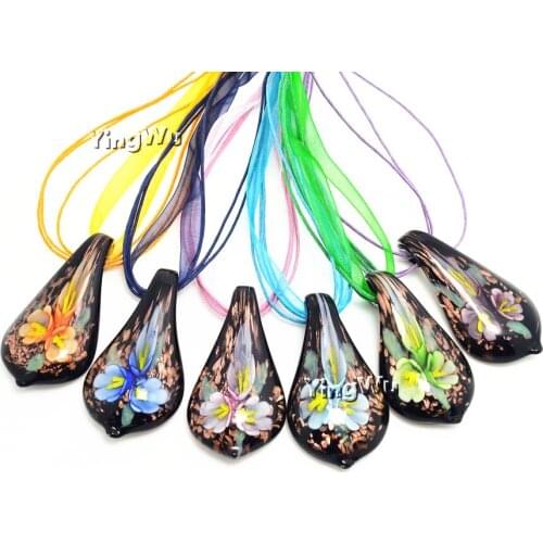 Yingwu Fashion Wholesale 6pcs Lot Handmade Murano Lampwork Glass Mix Color Black flower Leaf Pendants Charms Necklace