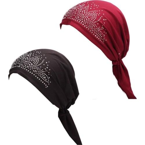 New Cotton Arc-shaped Hot Rhinestone Hat India Baotou Hat Solid Color Stretch Muslim Turban Hat