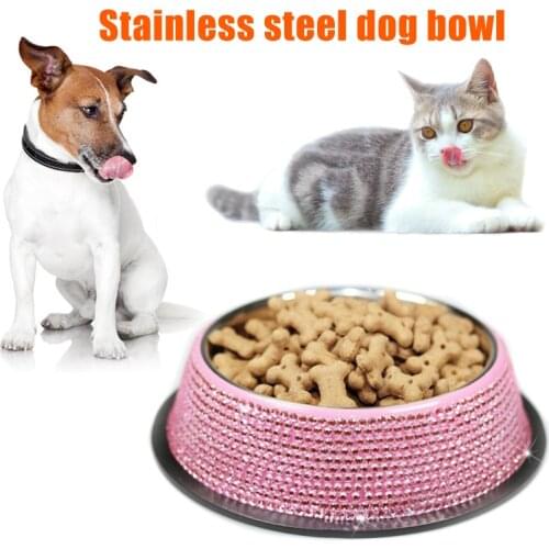 Newest Crystal Pet Bowl Stainless Steel Rhinestone Inlaid Pet Dog Cat Food Water Bowl