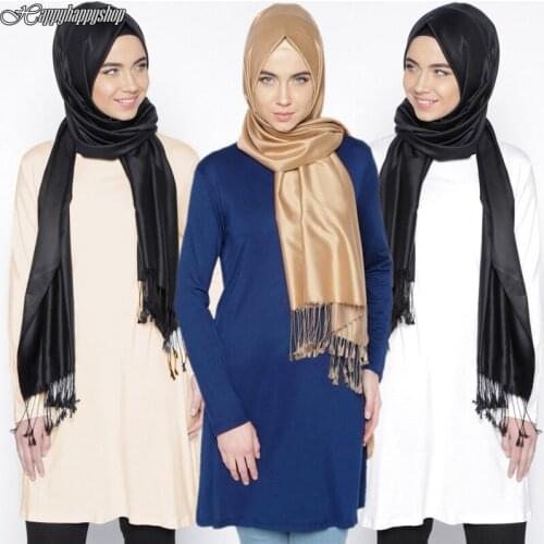Solid Color Muslim Tops and Blouses Women Basic Long Sleeve T-Shirts Arab Clothing Female Loose Long Tops Abaya Dress S-4XL