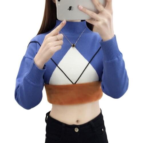 Autumn Winter Women Sweater New Plus Cashmere Thicken Half-high Collar Pullover Sweater Female Keep Warm Tight Knit Sweater T296