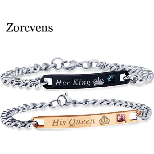 ZORCVENS His Queen Her King Couple Bracelets Crystal Stainless Steel Pair Bracelets Heart Crown Charm For Women Men Jewelry