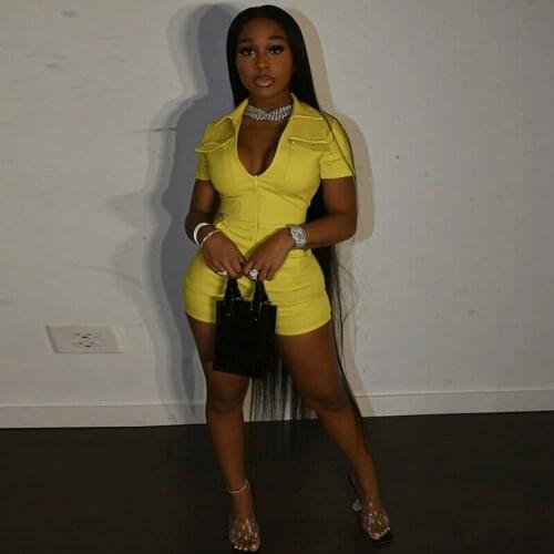 TNNAOFF Sexy Solid Zip Bodycon Playsuit for Women Summer Fashion Short Sleeve Pocket One Piece Club Streetwear Short Rompers