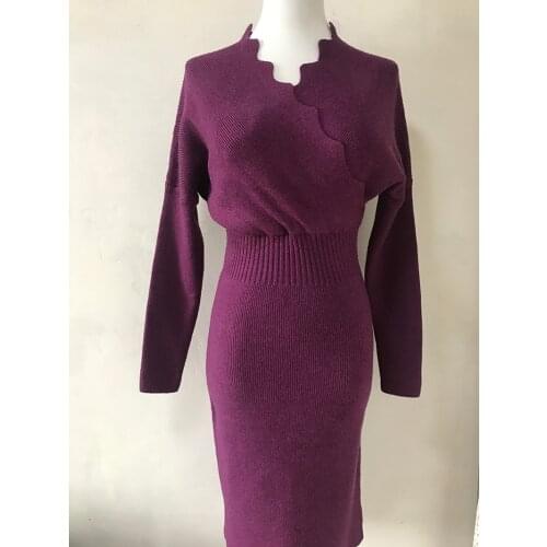 Women Sweater Dress Knitting Sweet 2020 Autumn Winter Female Elegant Keep Warm Wave Collar Bottom Package Hip Long Bat Sleeve
