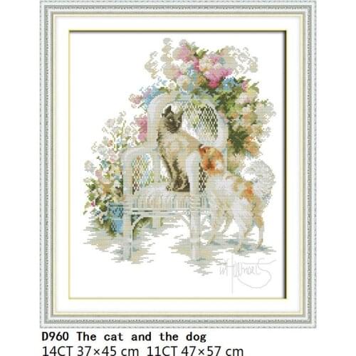 Joy Sunday The Cat and The Dog Cross Stitch Kit Embroidery Needlework Counted Patterns 11CT 14CT Print Fabric Stamped Home Decor