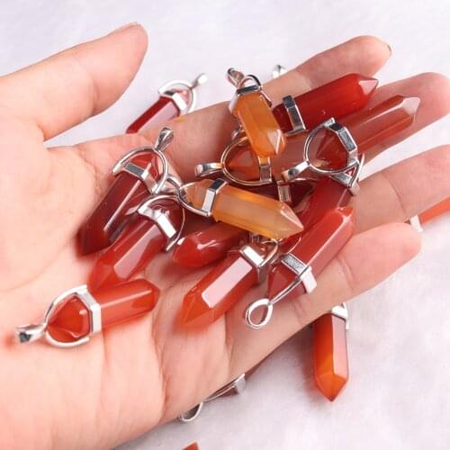 Carnelian Necklace Assorted Natural Stone Quartz Point Pendant Pillar Bullet Charms Chakra Pendulum 32*8mm For Drop Shipping
