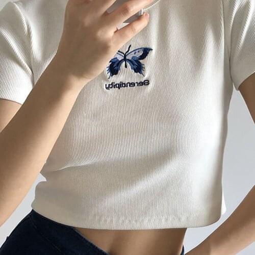 Chic Butterfly Embroidery T Shirts Women Skinny Sexy Crop Tops Summer Tees 2021 New Korean Trend Streetwear Cool Girls Kawaii