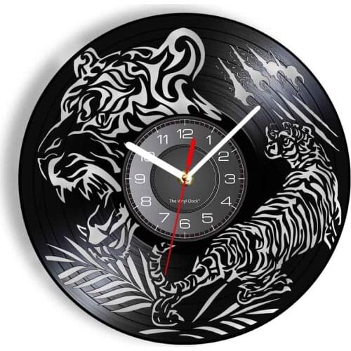 Tiger Silhouette Laser Cut Out Vinyl Record Wall Clock Wild Animals Home Decor Silent Clock Timepieces Big Cat Forest Artwork