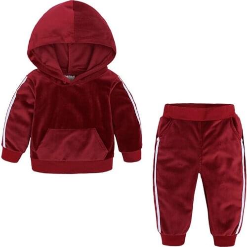 Spring Autumn Clothes Warm Suit Childrens Hooded Sweater Casual Boy Girl Card Love Clothes Gold Velvet Top + Trousers Suit