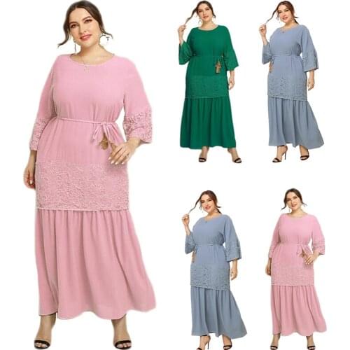Dubai Kaftan Muslim Women Long Dress Lace Patchwork Arab Maxi Robe Gown Middle East Party Evening O-neck Spring Autumn Dress New