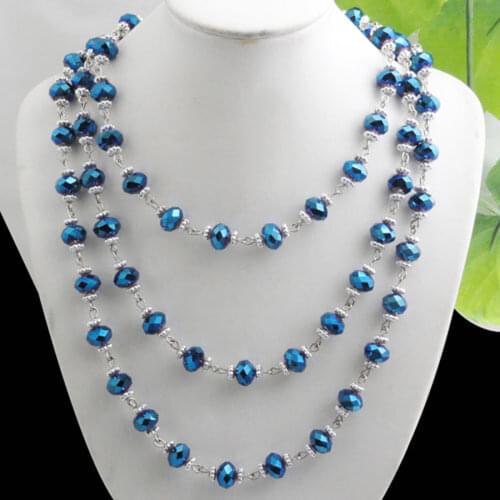 WOJIAER Free Shipping Blue Crystal Faceted Beads Necklace Long Chain 54" PF109