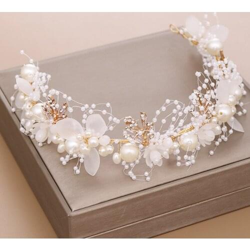Bride Headbands Pearl Flower Crystal Crowns Tiaras For Women Elegant Gold Leaf Crown Wedding Accessories