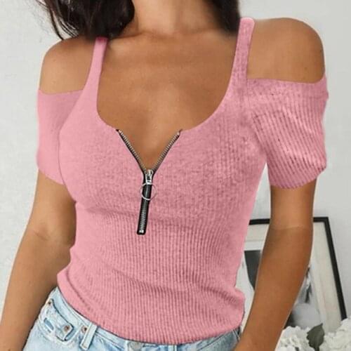 2021 Womens T-shirt V-neck Zipper Casual Loose Short Sleeve Solid Color Ladies Shirt Fashion Female Summer Tops