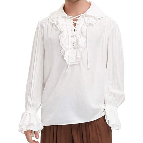 White Lace Up Ruffles Turn Down Collar Flare Sleeve Medieval Renaissance Vintage Pirate Shirt Gothic Top Victorian Clothes Men