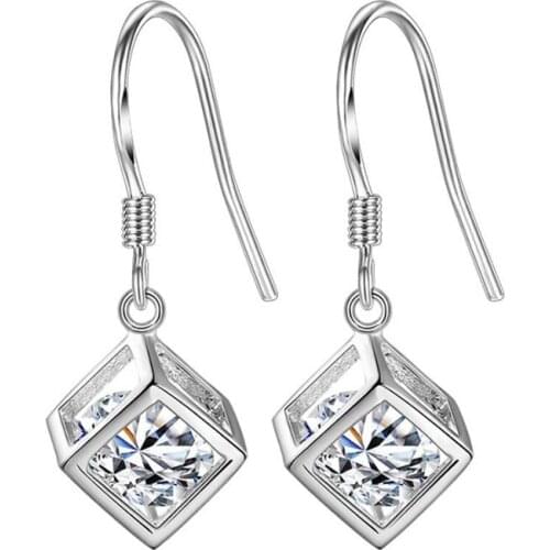 KOFSAC Fashion 925 Sterling Silver Earrings For Women Jewelry Exquisite Crystal Cube Earring Female Valentines Day Accessories