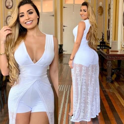 Sexy white lace jumpsuit romper Long split beach playsuit women summer sleeveless casual romper 2021 Lady playsuits