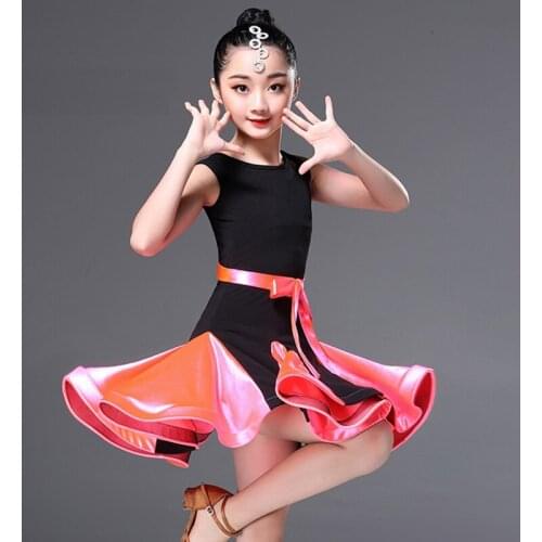 Girls Latin Dancing Dress Childrens Latin Dance Suit Students Summer Dancing Compitition Costumes Short Sleeve O Neck D-0267