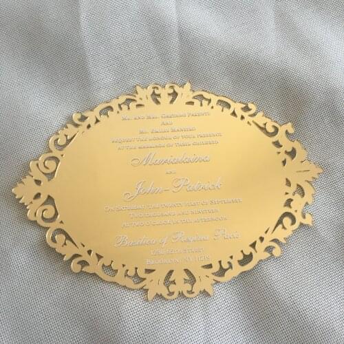10pcs laser cut 3d wedding invitation card elegant acrylic gold mirror invitations with box