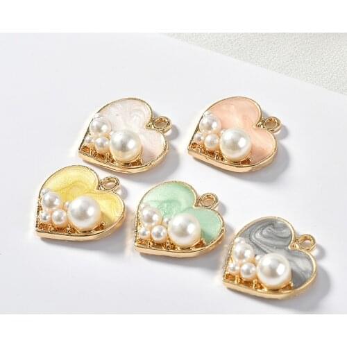 10pcs/pack Pearl Heart Enamel Charms Pendant Metal Golden For DIY handmade