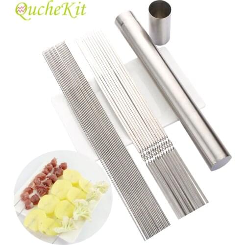 100pcs/tube Stainless Steel BBQ Tools Round/Flat BBQ Skewers Forks Barbecue Stick Roasting Needle With Tube Outdoor Camping