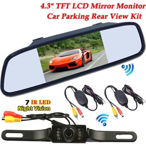 Car Rear View Parking System 4.3" TFT LCD Mirror Monitor + Wireless 7 LED IR Night Vision Reversing Backup Camera