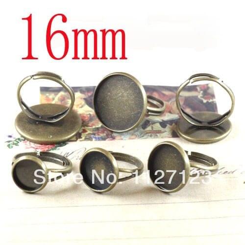 Free shipping!!!!!100Pcs 16mm antique brass plated bezel ring blanks with a cutout band, lead, Adjustable backs