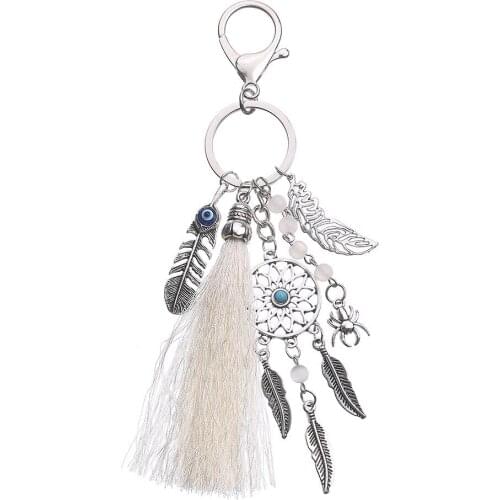 Handmade Natural Stone Keychain Dream Catcher Keyring Tassels Feather Keychain Women Silver Boho Jewelry Keychain Gift for Women
