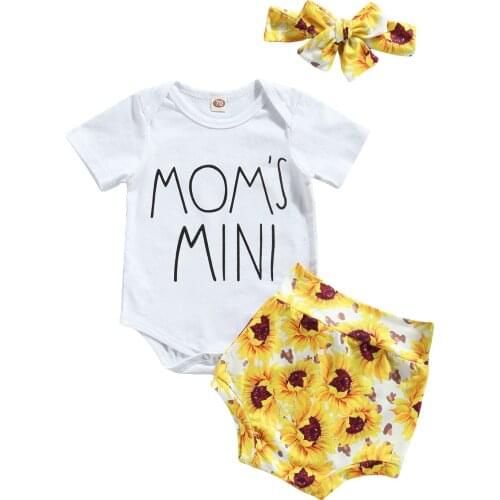 2021 Infant Short Sleeve Romper + Shorts + Bow Headband, Sunflower Print Elastic Waist Summer Clothing