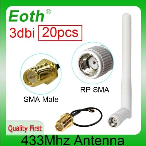 20pcs 433Mhz Antenna 3dbi GSM 433 mhz RP-SMA Connector Rubber 433m Lorawan antenna+ IPX to SMA Male Extension Cord Pigtail Cable