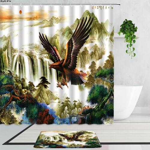 Chinese Oil Painting Eagle Shower Curtains Set Sunrise Mountain Water Pine Forest Home Decor Bathroom Curtain Non-Slip Bath Mats