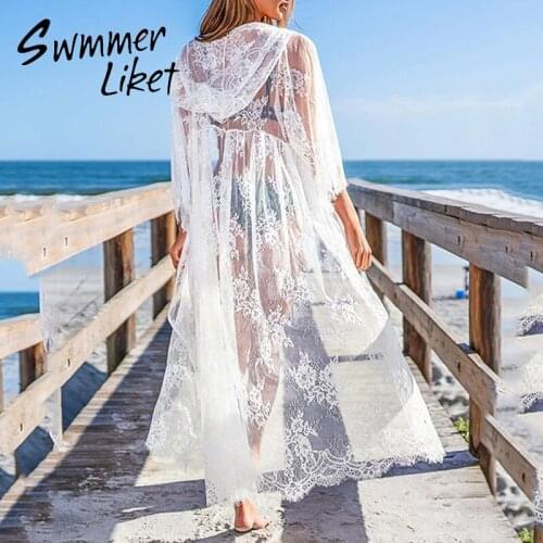 Lace bikini 2020 White Transparent beach dress women Hooded cover-ups Sexy summer beach wear Gossamer kaftan kimono New biquini