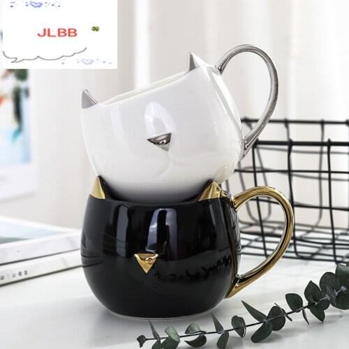 Cute Cat Coffee Mug with 3D Ears and Gold Silver Handle Ceramic Tea Water Cup Gift for Women Girls White Black 500ml