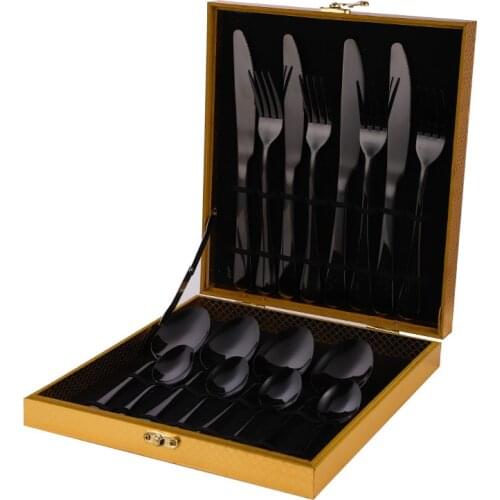 Stainless Steel Black Cutlery Set 16Pcs Tableware Dishwasher Safe Fork Spoon Knife Gift Box Weddings Tableware Dinnerware Sets