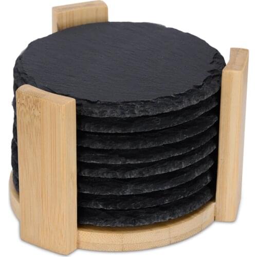 QUEENBAR Black Stone Coaster Sets 8 Coasters With Wooden Stand Cup Coffee Tea Mug Drinks Durable Heat Resistant Coaster