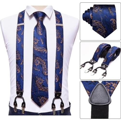 Adult Silk Suspenders Men Set 6 Clip Braces Vintage Adjustable Trousers Strap Male Gift Necktie Cufflinks Hanky Set Barry.Wang