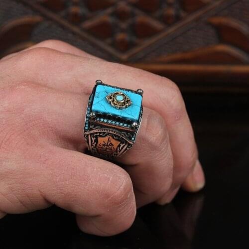 Natural Turquoise Stone Men Ring Power Traditional Handmade 925 Silver Ring Turkish Signet Rings Rock Jewelry Gift for Women Men
