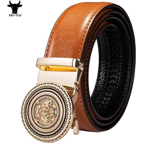 Luxury Mens Belts Gold Tiger Eagle Lion Automatic Buckles Orange Real Leather Men Belt for Dress Jeans Wedding Party Casual Belt