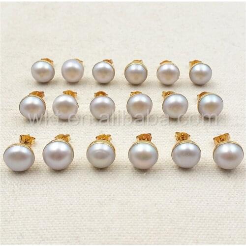 WT-E304 Hot sale 10MM Natural freshwater pearl studs earrings, 24k resist tarnishable real pearl studs gold color earrings