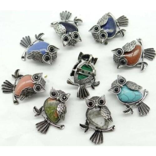 Natural stone mix tiger eye lapis Turquoise lazuli Quartz crystal animal Owl Archaize silver brooch Pendant Jewelry making 10pcs