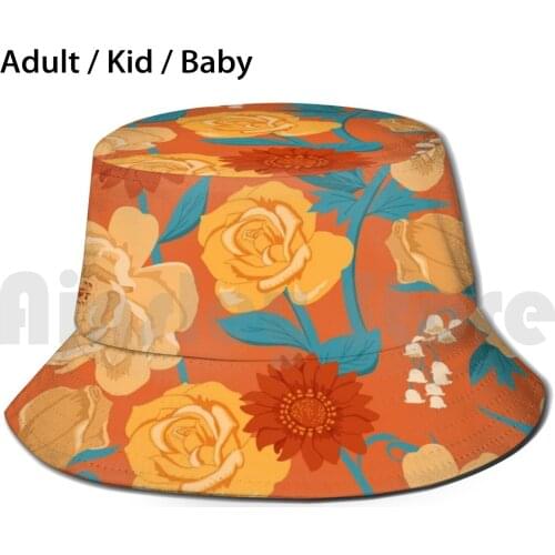 Yellow Florals On Orange Sun Hat Foldable UV Protection Flower Floral Rose Peony Lily Of The Valley Yellow Gold Red
