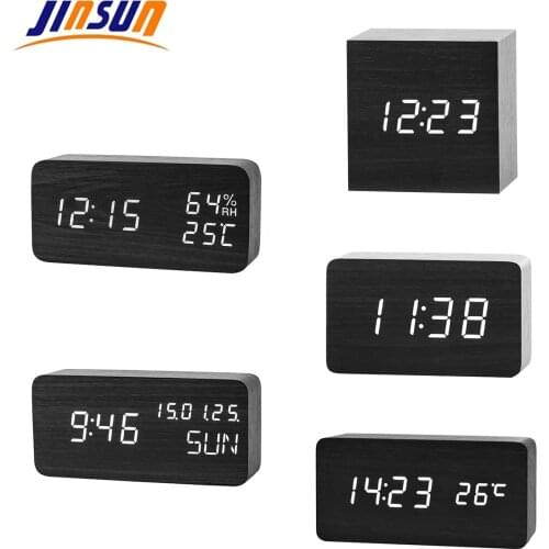 JINSUN Modern Wood Clock Led Display Digital Alarm Clock Single Face Bamboo Show Temp Time Sound Control