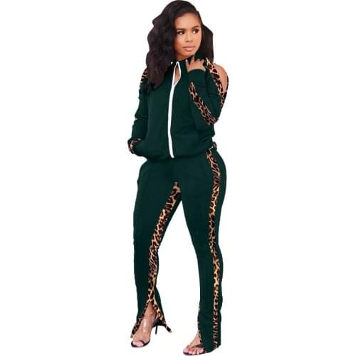 Tracksuit Zipper Sweatshirt Cold Shoulder Zipper V Neck Long Sleeve Pink Two Piece Set Jacket Split Hem Pants Patchwork Leopard